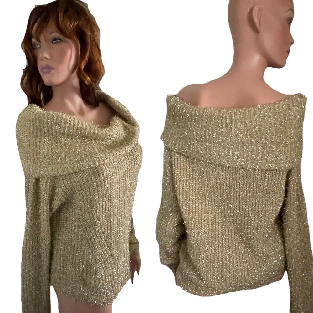 Chic Slouchy GOLD On or Off the Shoulder Pullover Cowl Neck SWEATER Size Large
